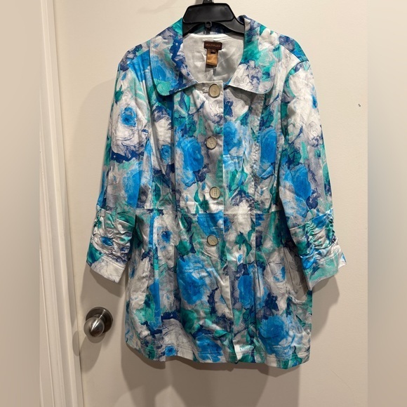 Multiples Jackets & Blazers - Multiples Blue and Teal Floral Button-Front Trench Coat